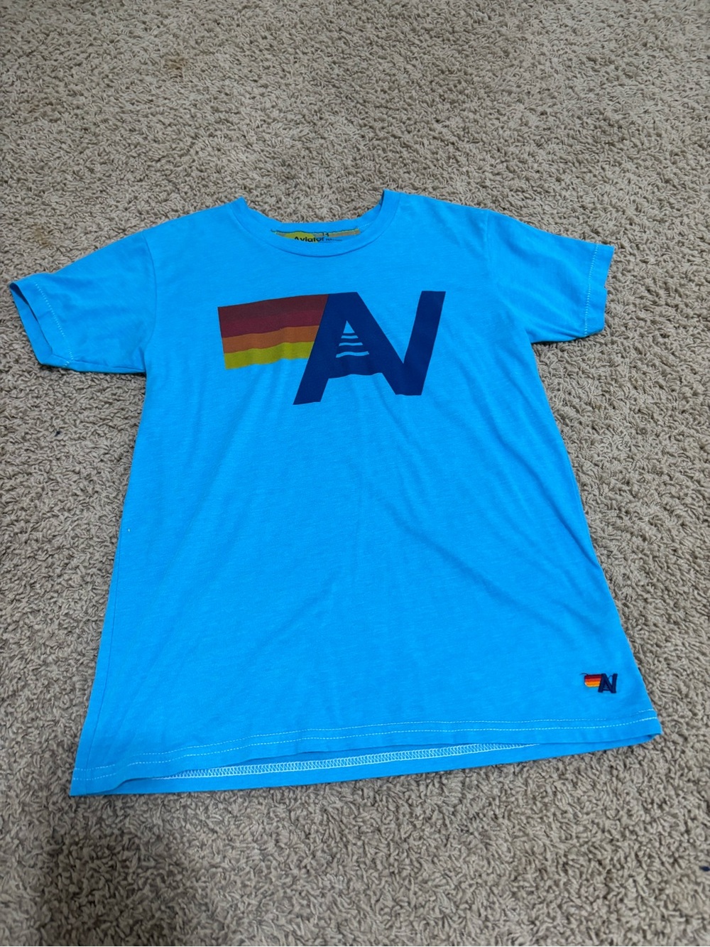 Aviator Nation Bright Blue Tee with Navy Logo and Sunset Stripes
